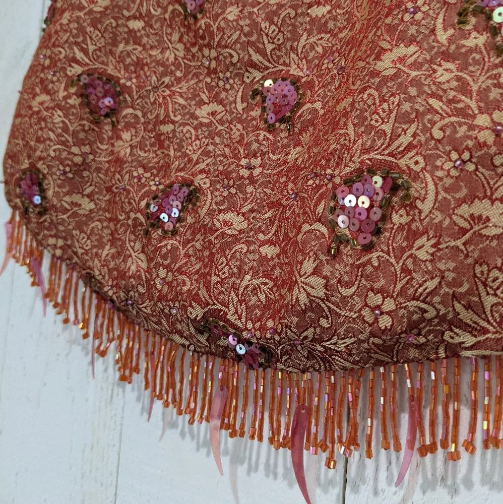 Embroidered & Beaded Fringe Evening Bag With Bamboo Handle